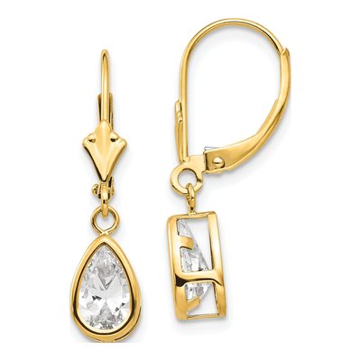14K Yellow Gold CZ Pear Bezel Leverback Earrings