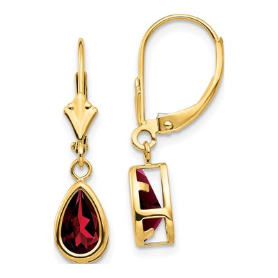 14K Yellow Gold Garnet Pear Bezel Leverback Earrings