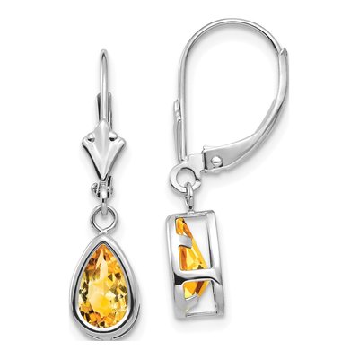 14K White Gold Citrine Pear Leverback Earrings