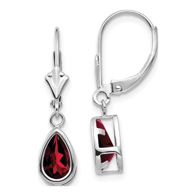 14K White Gold Garnet Pear Leverback Earrings