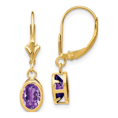 14K Yellow Gold Amethyst Oval Bezel Leverback Earrings