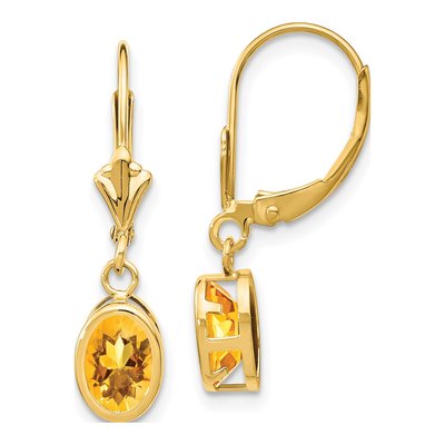 14K Yellow Gold Citrine Oval Leverback Earrings