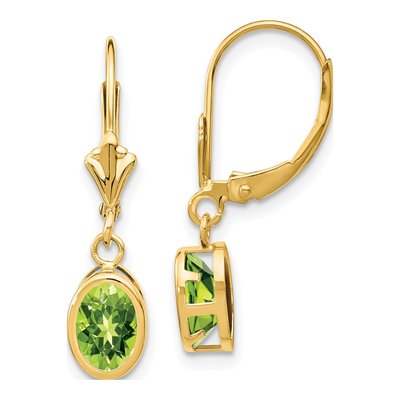 14K Yellow Gold Peridot Oval Leverback Earrings