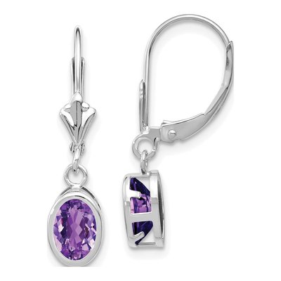 14K White Gold Amethyst Bezel Leverback Earrings
