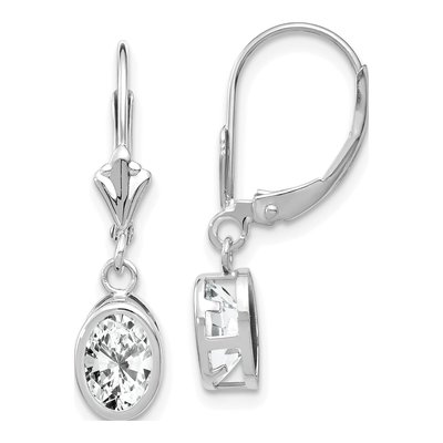 14K White Gold CZ Oval Bezel Leverback Earrings