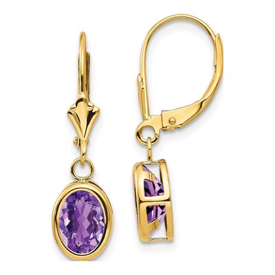 14K Yellow Gold Amethyst Oval Bezel Leverback Earrings