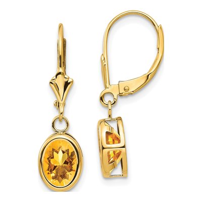 14K Yellow Gold Citrine Oval Leverback Earrings