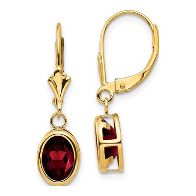 14K Yellow Gold Garnet Oval Bezel Leverback Earrings