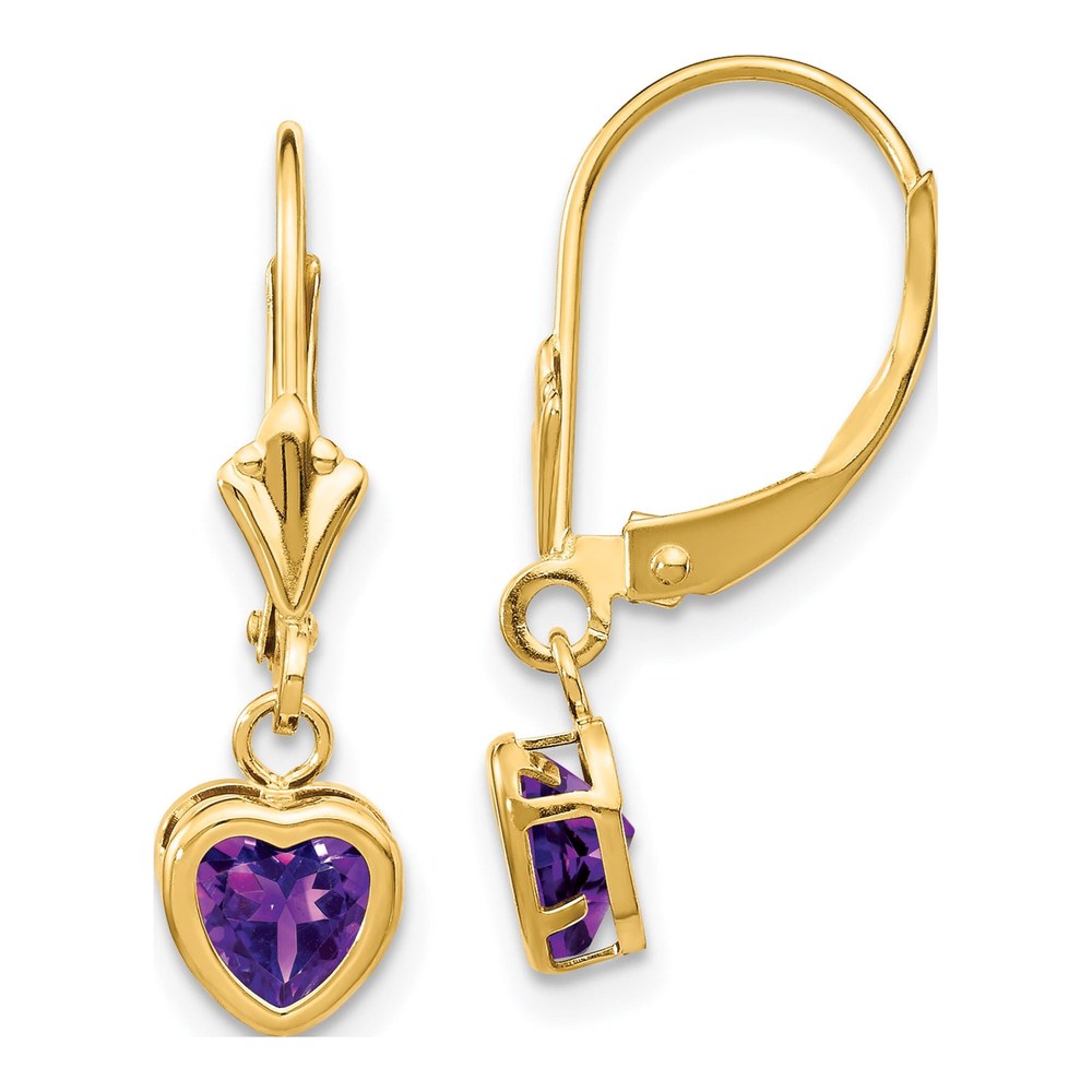 14K Yellow Gold Amethyst Heart Leverback Earrings