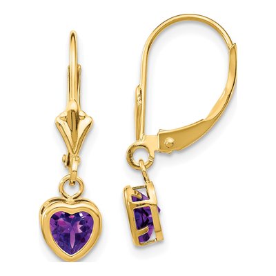 14K Yellow Gold Amethyst Heart Leverback Earrings