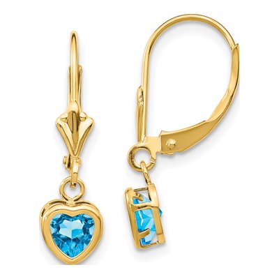 14K Yellow Gold Swiss Blue Topaz Heart Leverback Earrings