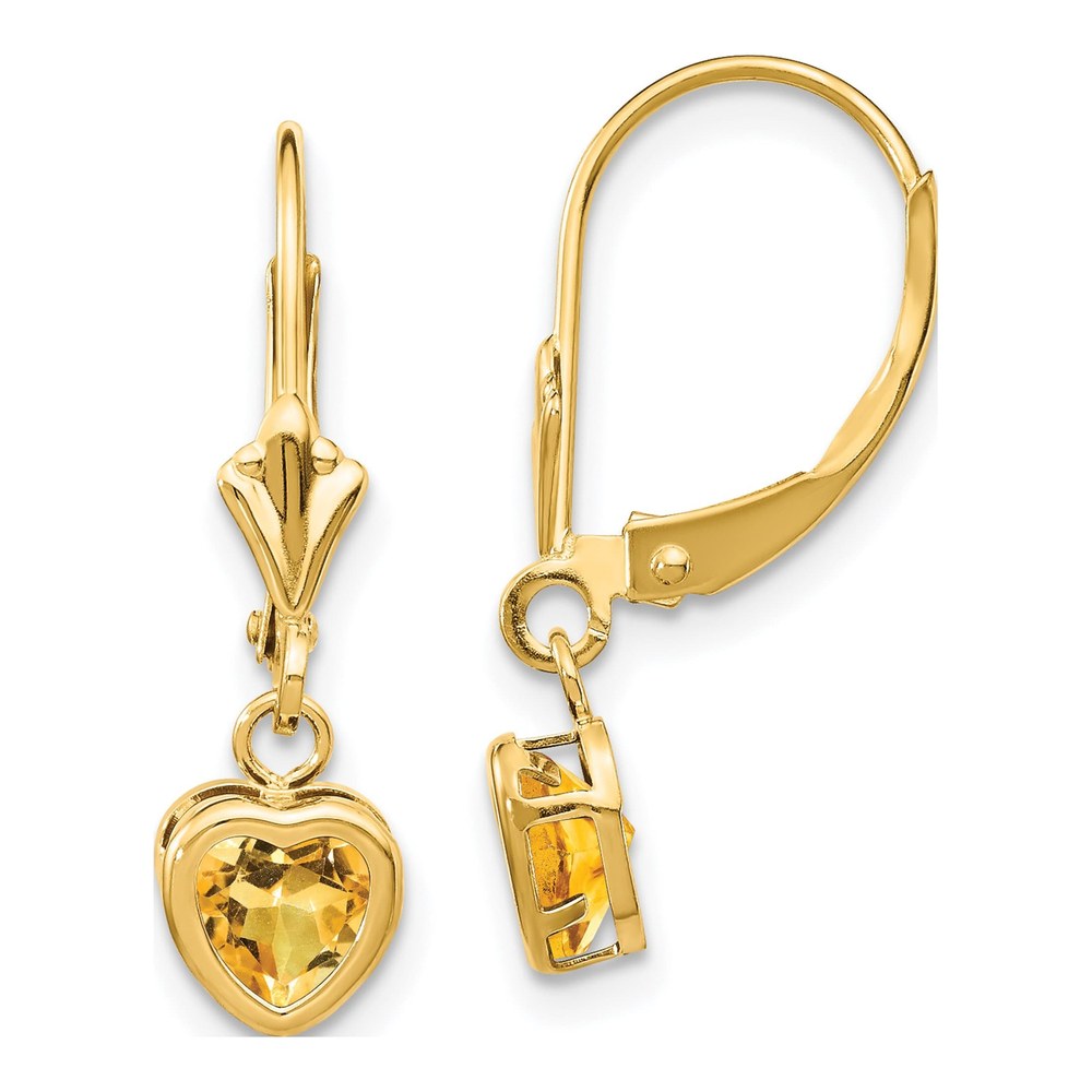14K Yellow Gold Citrine Heart Leverback Earrings