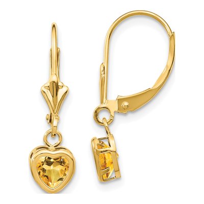 14K Yellow Gold Citrine Heart Leverback Earrings