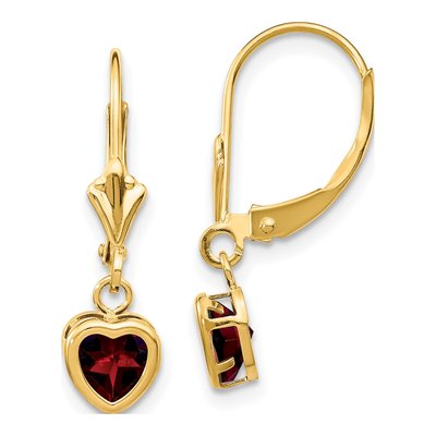 14K Yellow Gold Garnet Heart Leverback Earrings