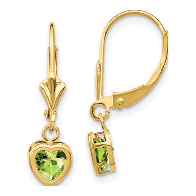 14K Yellow Gold Peridot Heart Leverback Earrings