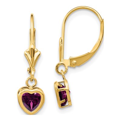 14K Yellow Gold Rhodolite Garnet Heart Leverback Earrings