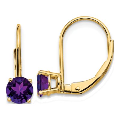 14K Yellow Gold Amethyst Round Leverback Earrings