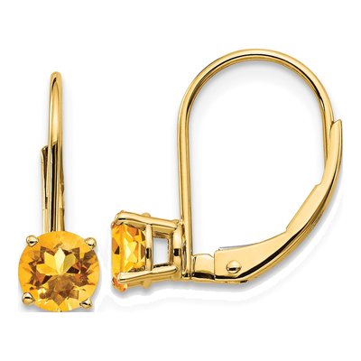 14K Yellow Gold Citrine Round Leverback Earrings