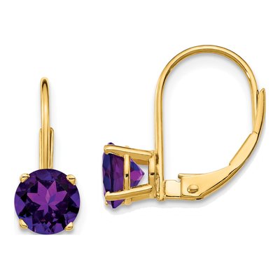 14K Yellow Gold Amethyst Round Leverback Earrings