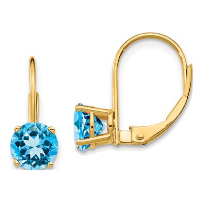 14K Yellow Gold Swiss Blue Topaz Round Leverback Earrings