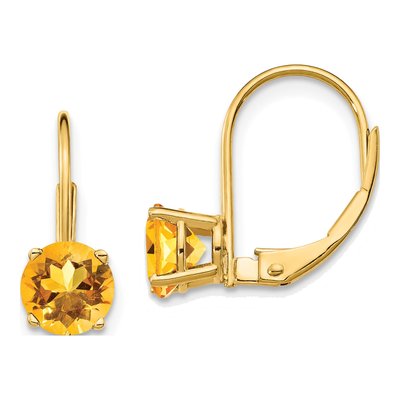 14K Yellow Gold Citrine Round Leverback Earrings