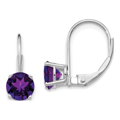 14K White Gold Amethyst Round Leverback Earrings