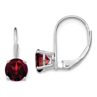14K White Gold Garnet Round Leverback Earrings