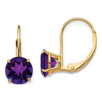 14K Yellow Gold Amethyst Round Leverback Earrings