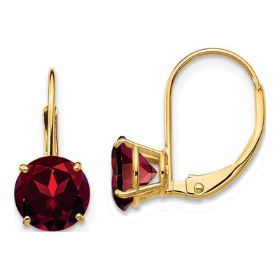 14K Yellow Gold Garnet Round Leverback Earrings