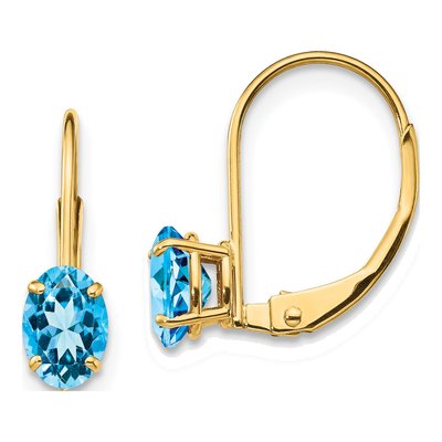 14K Yellow Gold Swiss Blue Topaz Oval Leverback Earrings