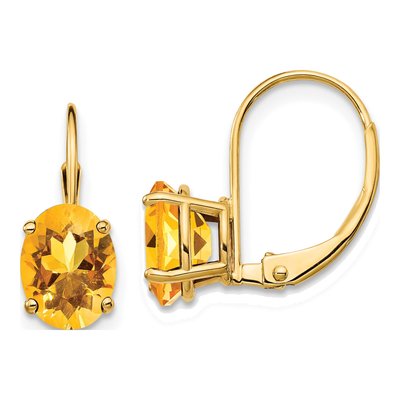 14K Yellow Gold Citrine Oval Leverback Earrings