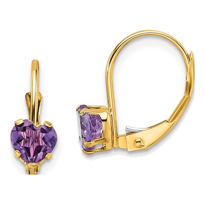 14K Yellow Gold Amethyst Heart Leverback Earrings