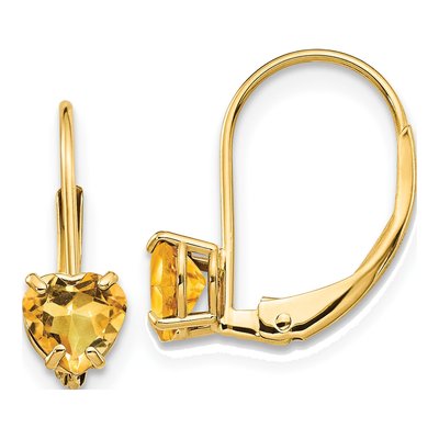 14K Yellow Gold Citrine Heart Leverback Earrings