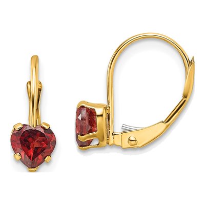 14K Yellow Gold Garnet Heart Leverback Earrings