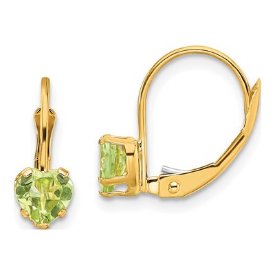 14K Yellow Gold Peridot Heart Leverback Earrings