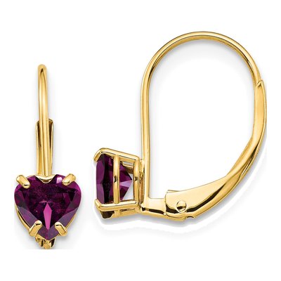 14K Yellow Gold Rhodolite Garnet Heart Leverback Earrings