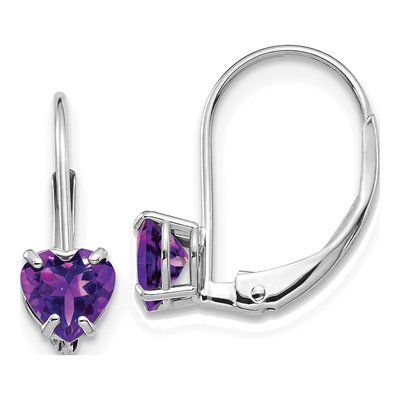 14K White Gold Amethyst Heart Leverback Earrings