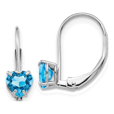 14K White Gold Swiss Blue Topaz Heart Leverback Earrings