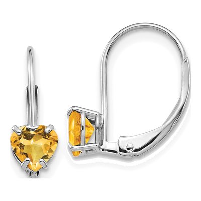 14K White Gold Citrine Heart Leverback Earrings