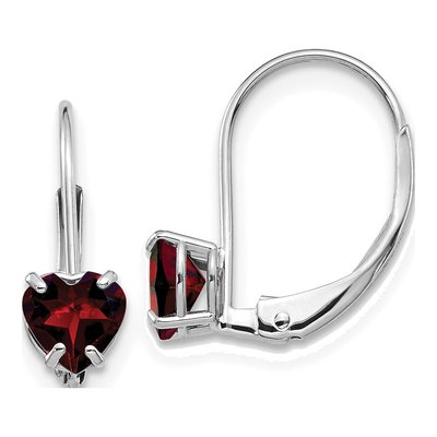 14K White Gold Garnet Heart Leverback Earrings
