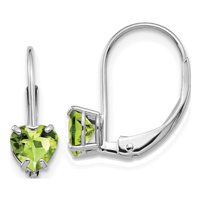 14K White Gold Peridot Heart Leverback Earrings