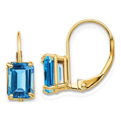 14K Yellow Gold Swiss Blue Topaz Emerald-Cut Leverback Earrings