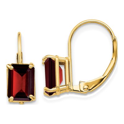 14K Yellow Gold Garnet Emerald-Cut Leverback Earrings