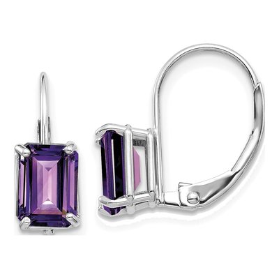 14K White Gold Amethyst Emerald-Cut Leverback Earrings