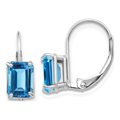 14K White Gold Swiss Blue Topaz Emerald-Cut Leverback Earrings