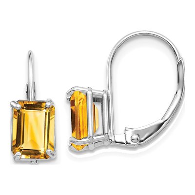 14K White Gold Citrine Emerald-Cut Leverback Earrings