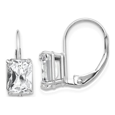 14K White Gold CZ Emerald-Cut Leverback Earrings