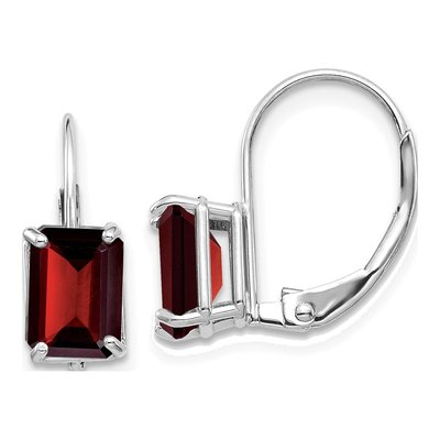 14K White Gold Garnet Emerald-Cut Leverback Earrings
