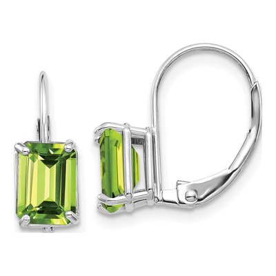 14K White Gold Peridot Emerald-Cut Leverback Earrings