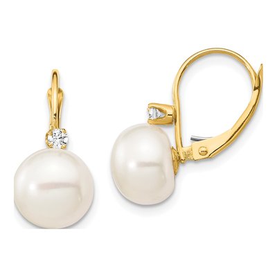 14K Yellow Gold 1/10 ct tw Freshwater Cultured Pearl & Diamond Leverback Earrings
